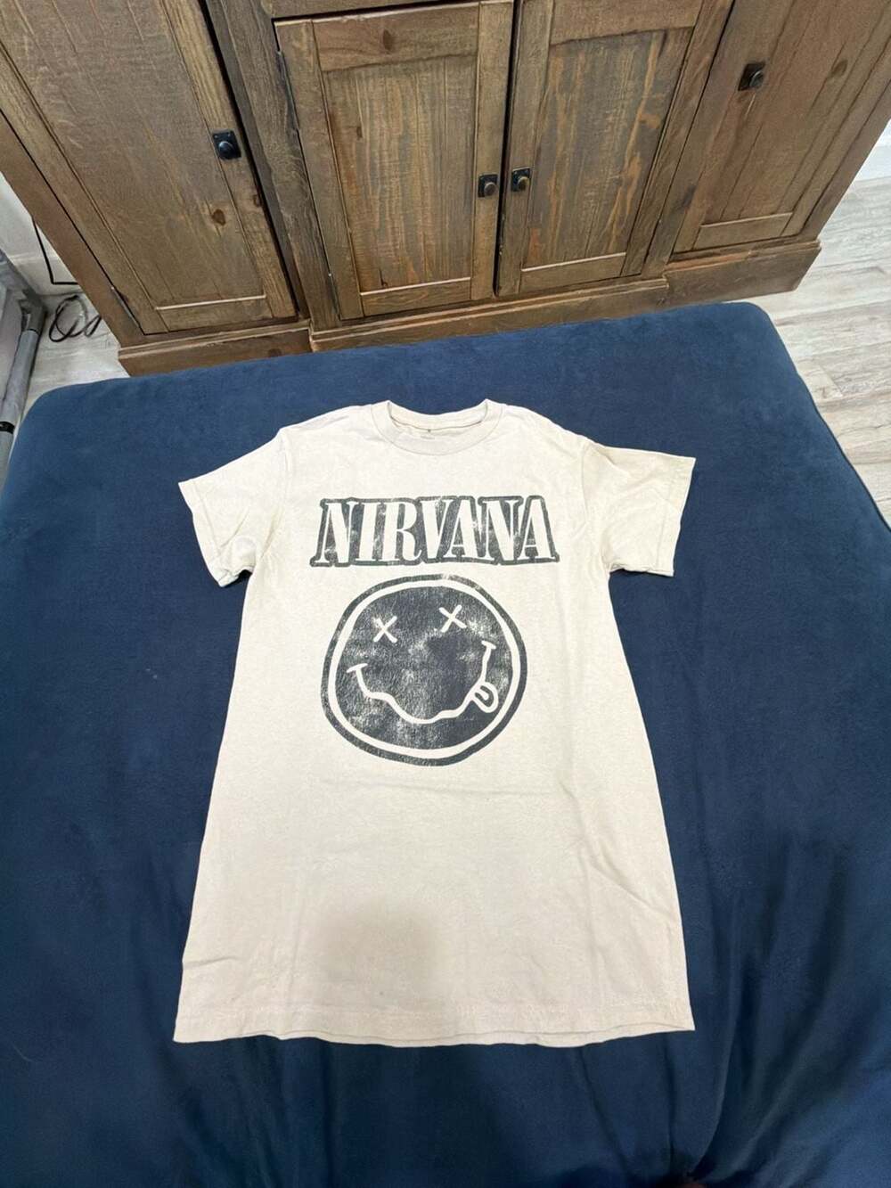 Nirvana Smiley Face Graphic T-Shirt in Tan